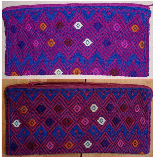 Lrg zippered pouchTwo sided patterned zippered pouchFront: Blue & Maroons and multi colored accentsBack: Same as front